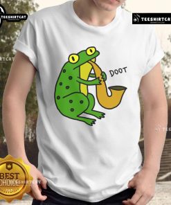 Funny Jazz Frog Doot T-Shirt featuring a whimsical frog playing a trumpet in a vibrant, colorful design.