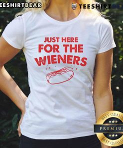 Alt Text: Funny 'Just Here for the Wieners' 4th of July American ladies tee featuring a hot dog graphic and festive colors.