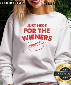 Funny Just Here for the Wieners hot dog sweatshirt for 4th of July celebrations, featuring patriotic design and humor.