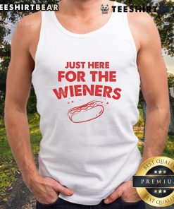 Funny 'Just Here for the Wieners' 4th of July tank top featuring a hot dog and American flag design.