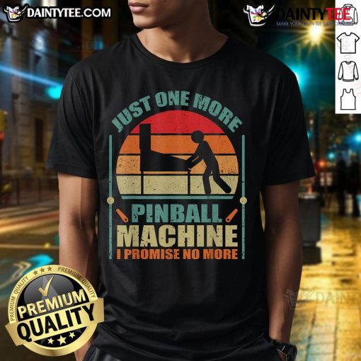 Funny vintage sunset T-shirt featuring 'Just One More Pinball Machine' design for pinball enthusiasts.