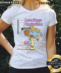 Funny Last Stage Capitalism: Garfield vs Odie Basketball graphic on a ladies tee, showcasing humor in pop culture.