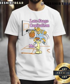 Funny Last Stage Capitalism Garfield vs Odie basketball T-shirt design featuring humorous cartoon characters in a playful scene.