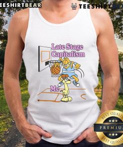 Funny Last Stage Capitalism Garfield vs Odie basketball tank top design featuring humorous cartoon characters in a playful scene.