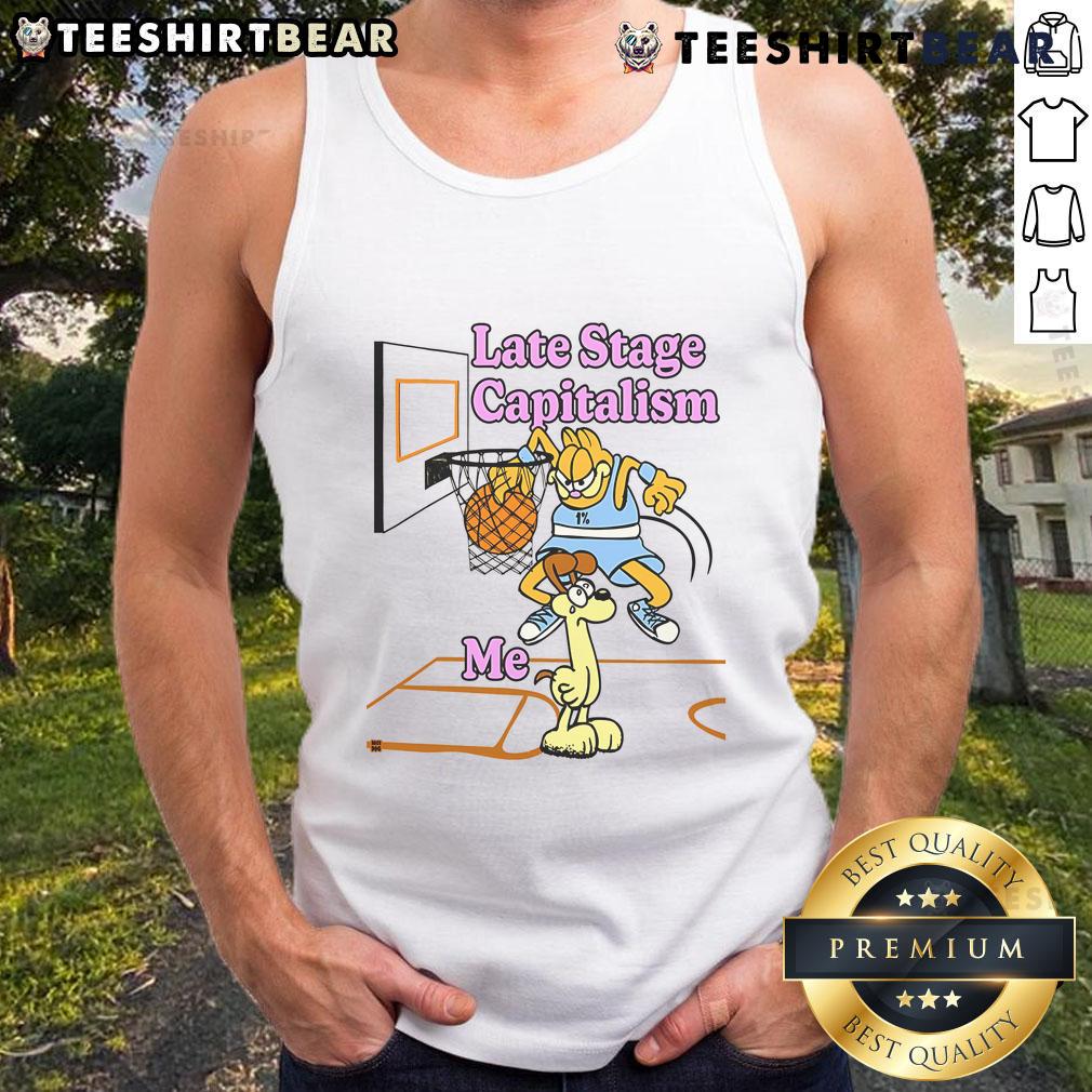 Funny Last Stage Capitalism Garfield Vs Odie Basketball Tank Top Funny Last Stage Capitalism Garfield vs Odie basketball tank top design featuring humorous cartoon characters in a playful scene.