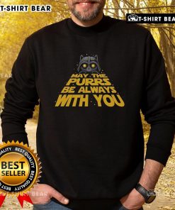 Funny Darth Vader cat sweatshirt featuring 'May The Purrs Be Always With You' design for Star Wars fans.