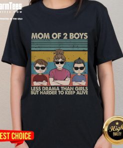 Alt Text: Funny mom of 2 vintage tee featuring humor about raising boys vs. girls, highlighting less drama but more challenges.