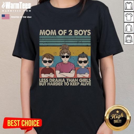 Alt Text: Funny mom of 2 vintage tee featuring humor about raising boys vs. girls, highlighting less drama but more challenges.