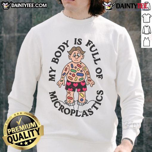 Funny sweatshirt design featuring 'My Body Is Full Of Microplastics' text, perfect for eco-conscious fashion lovers.