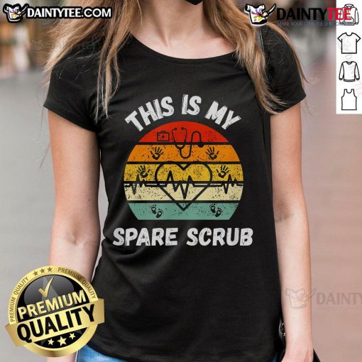 Alt Text: Funny 'My Spare Scrub' tee for healthcare workers, featuring playful design for nurses and CNAs, perfect for ladies.