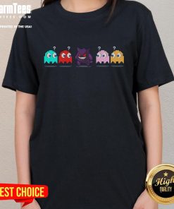 Funny Pac-Man Pokemon Wrong Ghost Ladies Tee featuring a playful design of Pac-Man and Pokemon characters.