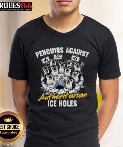 Funny penguins graphic tee design featuring whimsical penguins against authoritarian ice holes, perfect for penguin lovers.