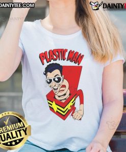 Funny Plastic Man Superhero ladies tee featuring a vibrant design of a playful superhero character, perfect for casual wear.