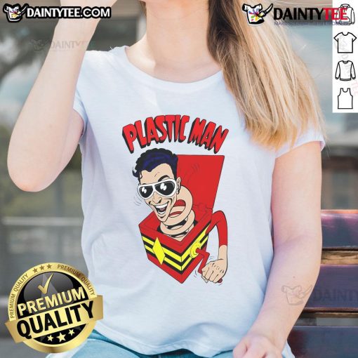 Funny Plastic Man Superhero ladies tee featuring a vibrant design of a playful superhero character, perfect for casual wear.