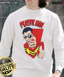 Funny plastic man superhero sweatshirt featuring a vibrant design, perfect for comic fans and casual wear.