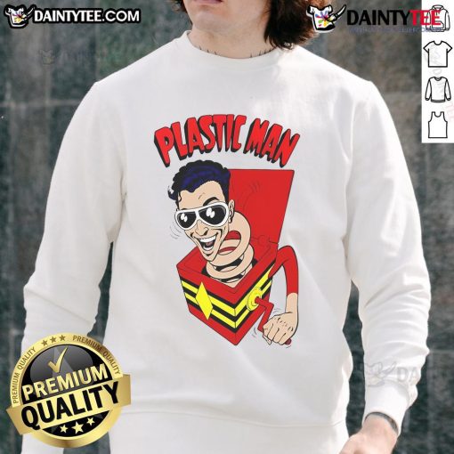 Funny plastic man superhero sweatshirt featuring a vibrant design, perfect for comic fans and casual wear.