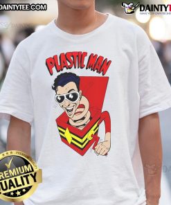 Alt Text: Funny Plastic Man Superhero T-Shirt featuring a quirky design of a whimsical superhero in vibrant colors.