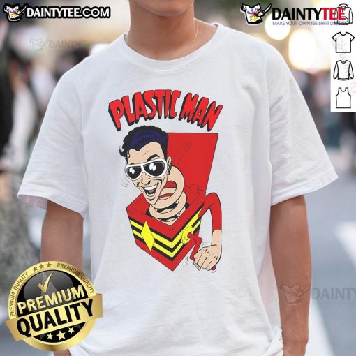 Alt Text: Funny Plastic Man Superhero T-Shirt featuring a quirky design of a whimsical superhero in vibrant colors.