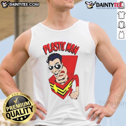 Funny Plastic Man superhero tank top featuring a vibrant graphic design, perfect for comic fans and casual wear.