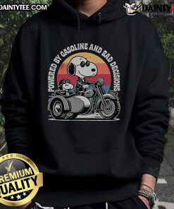 Alt Text: Funny 'Powered by Gasoline and Bad Decisions' hoodie featuring Snoopy, Woodstock, and a three-wheeled motorcycle design.
