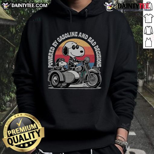 Alt Text: Funny 'Powered by Gasoline and Bad Decisions' hoodie featuring Snoopy, Woodstock, and a three-wheeled motorcycle design.