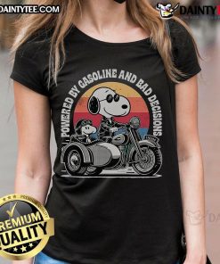 Alt Text: Funny Powered By Gasoline And Bad Decisions tee featuring Snoopy and Woodstock on a three-wheeled motorcycle.
