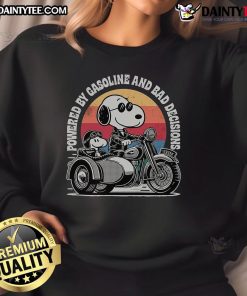Alt Text: Funny Powered By Gasoline And Bad Decisions Snoopy Woodstock three-wheeled motorcycle sweatshirt design.