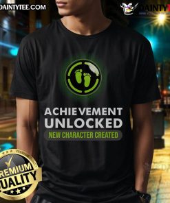 Funny pregnant announcement t-shirt featuring 'Achievement Unlocked: New Character Created' for gamers.