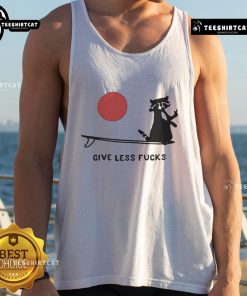 Funny raccoon in a tank top with 'Give Less F*ck' text, showcasing a quirky and humorous style for casual wear.