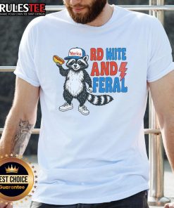 Alt Text: Funny red, white, and feral raccoon 4th of July t-shirt design featuring a playful raccoon in patriotic colors.