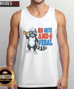 Funny red, white, and feral raccoon wearing a 4th of July tank top, perfect for patriotic celebrations and humor.