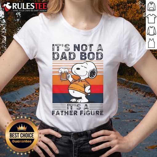 Alt Text: Funny Snoopy and beer graphic on ladies tee, featuring 'It's not a dad bod, it's a father figure' slogan.