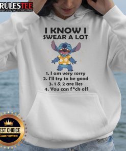 Funny Stitch hoodie featuring 'I know I swear a lot, I'm very sorry, I'll try to be good' in sarcastic design.