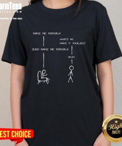 Funny Sudo Make Me Popcorn Linux Stickman graphic on a ladies tee, perfect for programming enthusiasts.