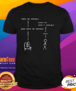 Funny Sudo Make Me Popcorn Linux Stickman Programming T-Shirt featuring a quirky stickman and popcorn graphics.