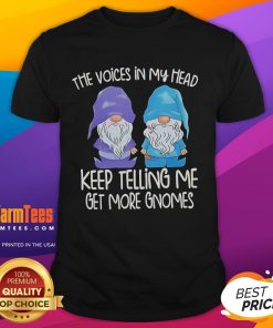 Alt Text: Funny The Voice In My Head Keeps Telling Me Get More Gnomes T-Shirt design featuring whimsical gnome graphics.