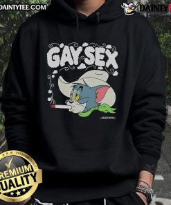 Funny Tom and Jerry gay sex hoodie featuring cowboy theme and cigarette smoke illustration.