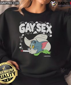 Funny Tom and Jerry gay sex sweatshirt featuring a cowboy design with smoke and playful imagery, perfect for humor lovers.