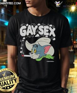 Funny Tom and Jerry gay sex cowboy t-shirt design featuring smoking characters in a humorous cartoon style.