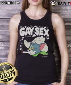 Funny Tom and Jerry graphic featuring a cowboy in a tank top smoking a cigarette, highlighting a playful gay theme.
