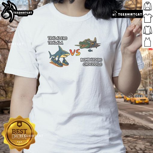 Funny Tralalero Tralala meme featuring Bombardino Crocodilo on an Italian ladies tee, perfect for casual wear.