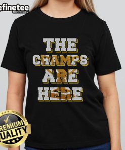 Alt Text: Funny USA Basketball Championship Ladies Tee featuring 'The Champs Are Here' design for sports fans.