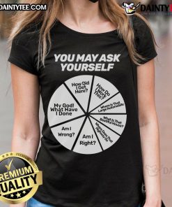 Funny You May Ask Yourself Question Wheel Ladies Tee featuring a colorful graphic design for humor-loving women.
