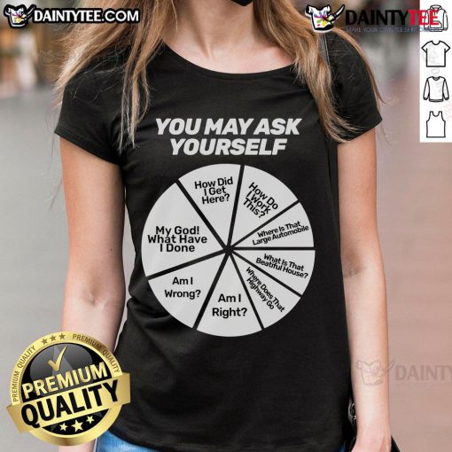 Funny You May Ask Yourself Question Wheel Ladies Tee featuring a colorful graphic design for humor-loving women.