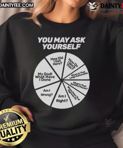 Funny 'You May Ask Yourself' Question Wheel Sweatshirt design showcasing playful graphics and vibrant colors.