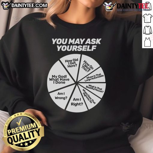 Funny 'You May Ask Yourself' Question Wheel Sweatshirt design showcasing playful graphics and vibrant colors.