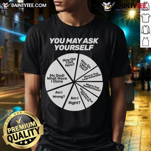 Funny You May Ask Yourself Question Wheel T-Shirt featuring a colorful question wheel design for quirky fashion lovers.