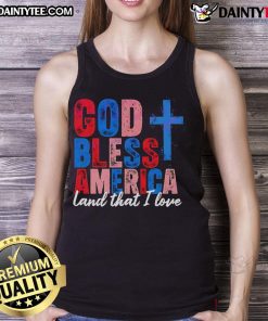Alt Text: God Bless America Land That I Love Christian Patriotic USA tank top design featuring vibrant red, white, and blue colors.