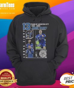 Leicester City hoodie celebrating 13 years of Jamie Vardy from 2012 to 2025, 'Thank You For The Memories' design