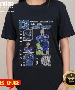 Leicester City 2012-2025 tribute tee featuring Jamie Vardy, celebrating 13 years of unforgettable moments.